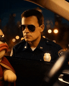 a police officer is talking to a stuffed animal