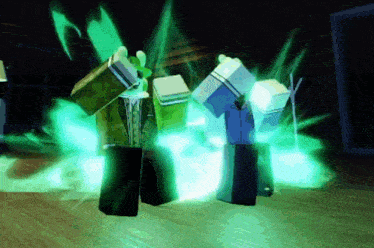 a group of roblox characters are standing in a dark room