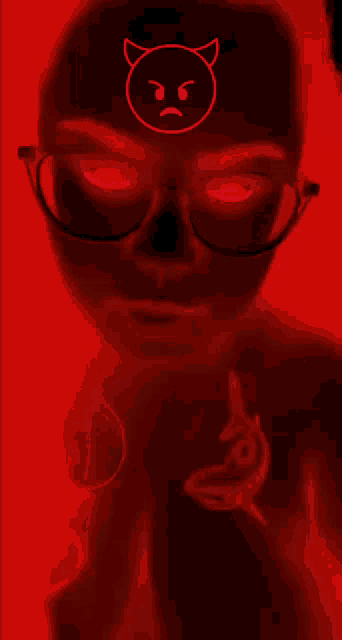 a person wearing glasses with a devil face on their forehead