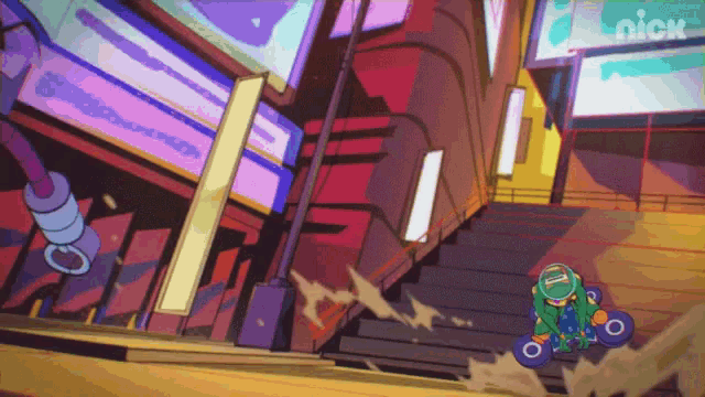 a cartoon character is riding down a set of stairs in front of a sign that says nickelodeon