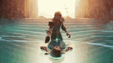 a painting of a man kneeling down next to a woman in a pool of water