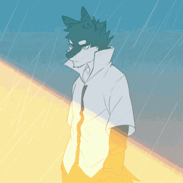 a drawing of a wolf wearing a white shirt and tie in the rain