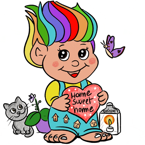 a cartoon character holding a heart that says " home sweet home "