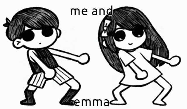 a black and white drawing of a boy and a girl dancing with the caption `` me and emma '' .