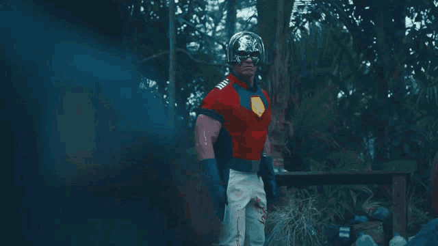 a man in a superhero costume is standing in a dark forest