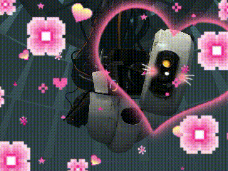 a robot is surrounded by pink flowers and a heart