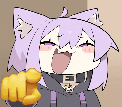a cartoon character with purple hair is pointing at the camera with a yellow fist