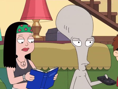 a cartoon of a woman reading a book next to a grey alien