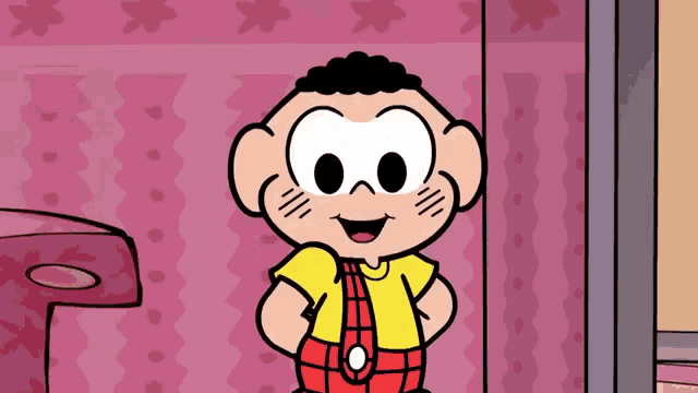a cartoon character wearing a yellow shirt and red plaid shorts