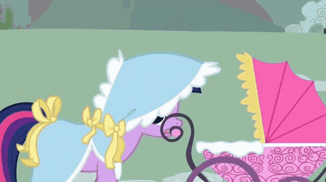 a cartoon pony wearing a blue hat and a pink stroller