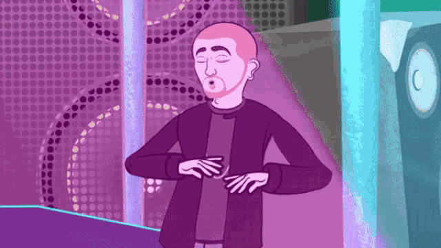 a cartoon of a man in a purple jacket