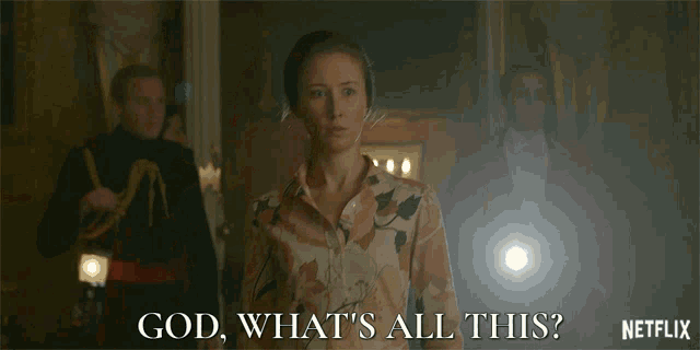 a woman in a floral shirt says god what 's all this netflix