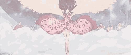 a woman in a pink dress is flying through the air in a cloudy sky .