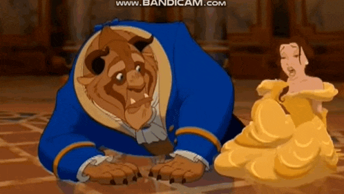the beast from beauty and the beast is crawling on the floor next to a woman in a dress .