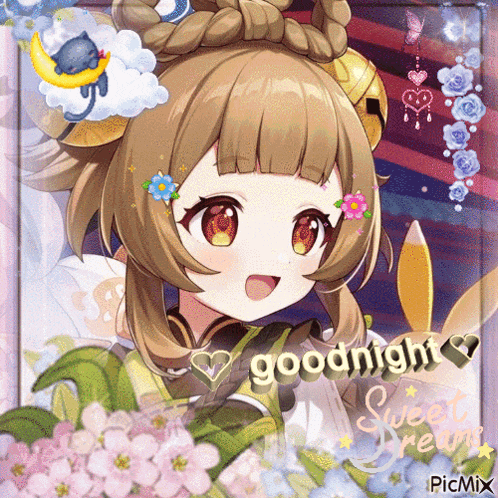 a picture of a girl with flowers in her hair and the words goodnight sweet dreams