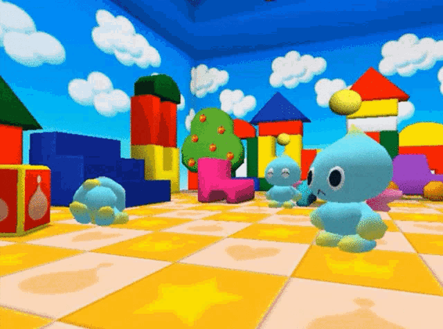 a video game scene with a blue cartoon character standing in the middle
