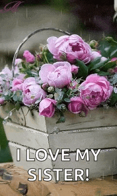 a basket of pink flowers with the words `` i love my sister '' on it .