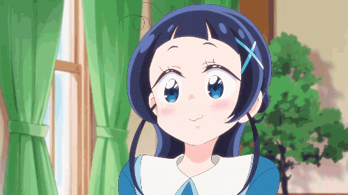 a girl with blue hair and a white collar is smiling