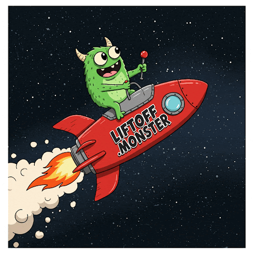 a cartoon monster is riding a red rocket with liftoff monster written on it