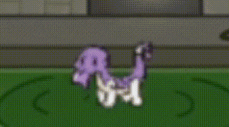 a purple and white snake is standing on a green field in a pixel art video game .