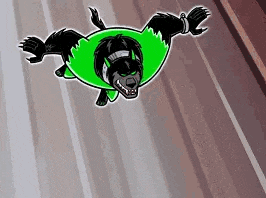 a cartoon wolf is flying through the air wearing a green superhero costume .
