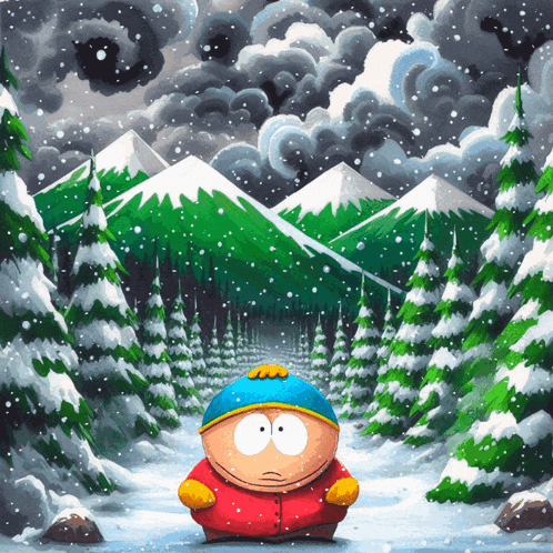 a cartoon character standing in a snowy forest
