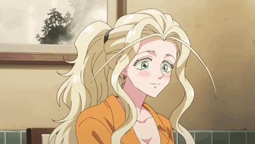 a woman with blonde hair and green eyes is wearing an orange shirt