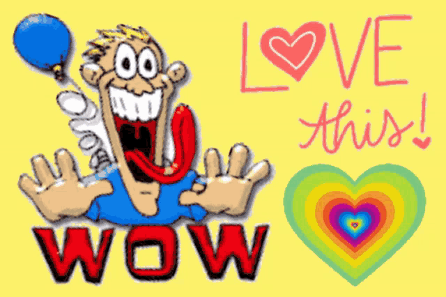 a cartoon of a man holding a balloon and the words wow
