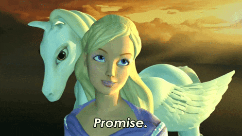 a cartoon of a girl standing next to a white horse with the words " promise " on the bottom