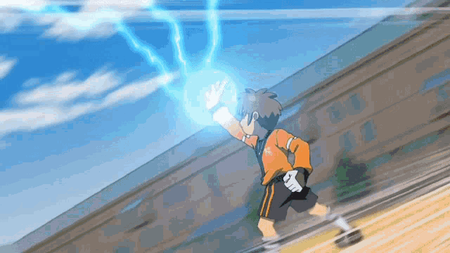 a cartoon character is running with a lightning bolt in his hand