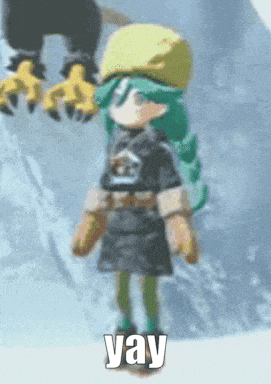 a cartoon character with green hair and a yellow hat is standing in the snow and says yay
