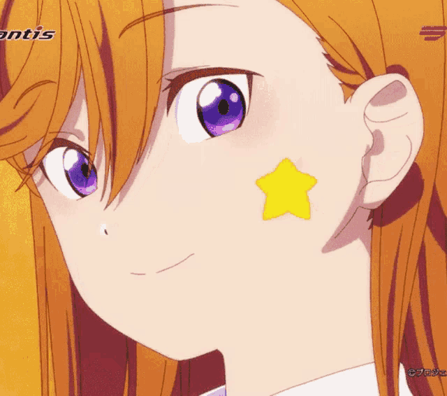 a girl with purple eyes has a yellow star on her face and the word antis is on the bottom