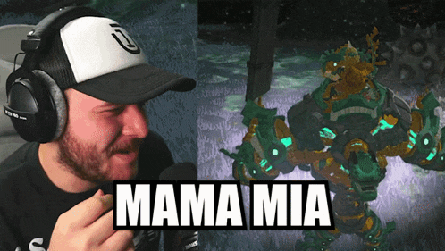 a man wearing headphones and a baseball cap says mama mia in front of a monster