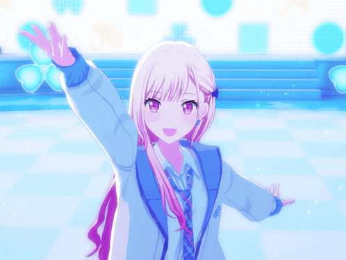 a girl with pink hair and a blue jacket is waving her hand