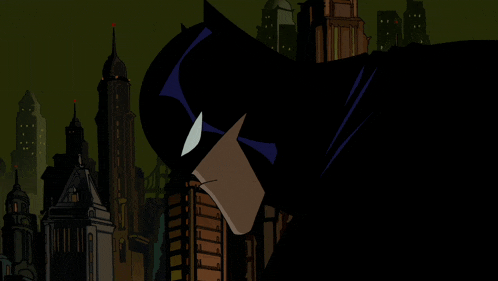 a cartoon drawing of batman standing in front of a city skyline