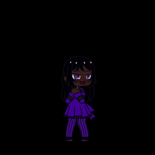 a girl in a purple dress and striped pants is standing in front of a black background .