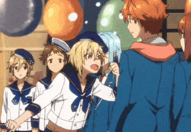 a group of anime characters are standing in a room with balloons hanging from the ceiling