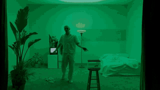 a man in a lab coat stands in a green room