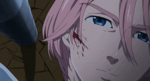 a man with pink hair and blue eyes has a bloody wound on his face