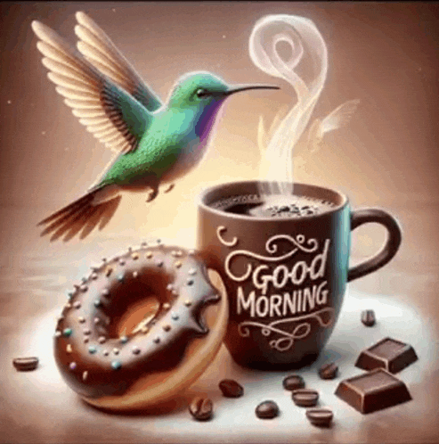 a hummingbird is sitting next to a cup of coffee , a donut , and chocolate .
