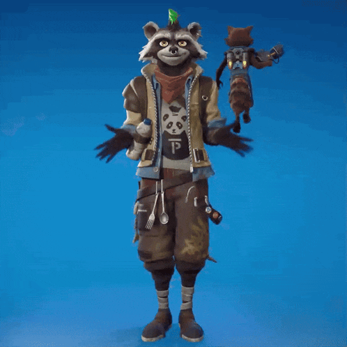 a raccoon wearing a jacket with the letter p on the chest