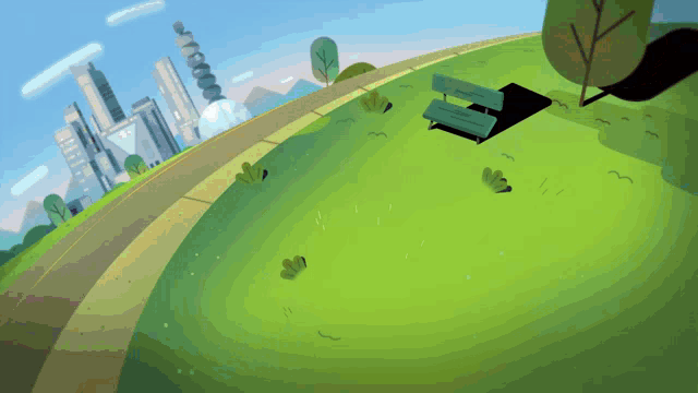a cartoon illustration of a park with a bench and a city in the background