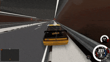 a car in a video game with 237 km / h on the dashboard