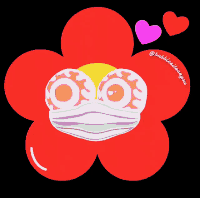 a red flower with a face mask and hearts around it
