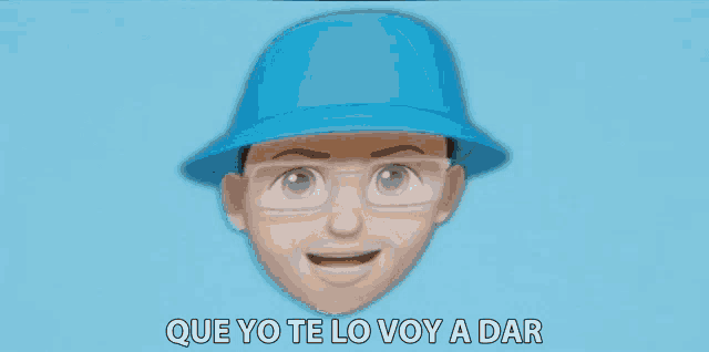 a man wearing glasses and a blue helmet with que yo te lo voy a dar written below him