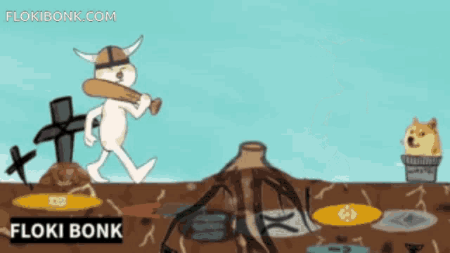 a cartoon of a doge and a viking walking in a graveyard with floki bonk written on the bottom
