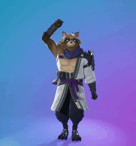a raccoon wearing a white shirt and black pants is dancing