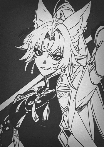 a black and white drawing of a girl with a fox ear