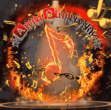 a circle of fire and music notes with the word arena on the top