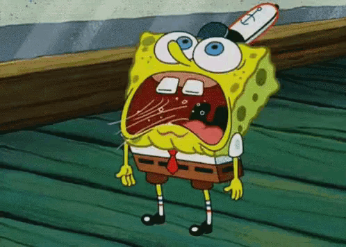 spongebob squarepants is standing on a wooden floor with his mouth open .